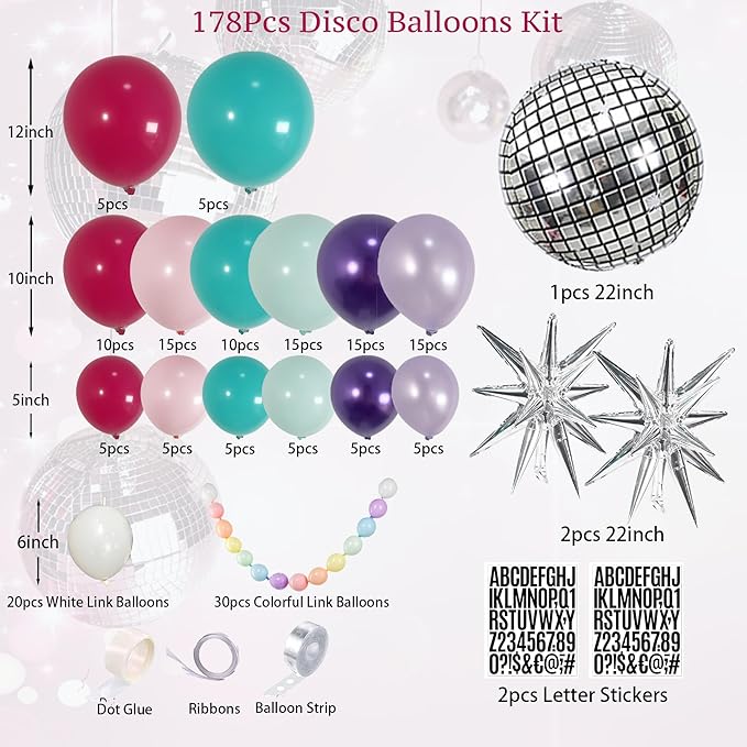 178pcs Pink Purple Blue Balloon Garland Disco Ball Custom Bracelet Banner Kits For Teenage Party Decorations Music Fans Princess Themed Photo Backdrop Birthday,Bachelorette Party