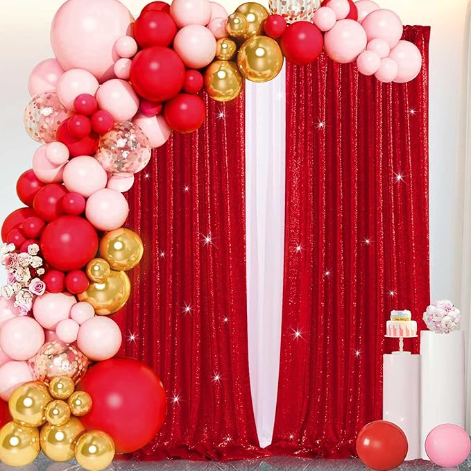 B-COOL 4 Panels 2ftx8ft Red Valentines Backdrop Sequin Backdrop Curtain Drapes Fabric for Ceremony Wedding Holiday Birthday Party Photography Decorations