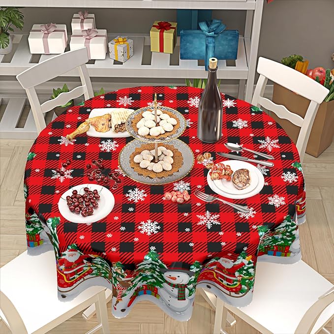 Christmas Round Tablecloth 70 Inch Xmas Snowman and Snowflake Pattern Circle Table Cloth Red Plaid Table Cover Winter Washable Polyester Decor for Home Kitchen Dinning Party