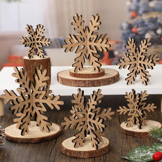 Bucherry 12 Pcs Wooden Snowflake Table Decor 3D Snowflake Tabletop Signs and Centerpiece for Christmas Winter Xmas Party Wonderland Decorations Home (Rustic Color)