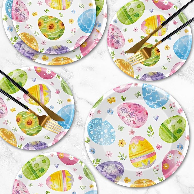 24 Pcs Easter Plates Set - Watercolor Happy Easter Eggs Paper Plate, Disposable Spring Colorful Round Dinner Dessert Plates Tableware for Easters Day Party Supplies Favors Table Decorations