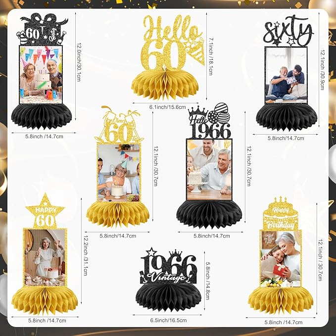 8Pcs 60th Birthday Decoration for Men Women 60th Birthday Centerpieces for Tables Cheers to 60 Years Birthday Honeycomb Decor Birthday Table Topper Black and Gold 60th Birthday Party Favors