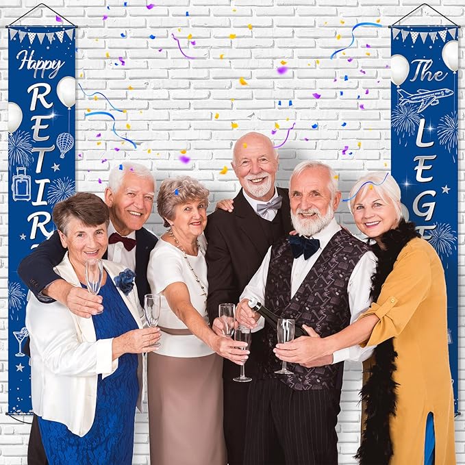 Boao Retirement Porch Sign Door Hanging Banner, Retirement Banner the Legend Fabric Door Sign Background for Retire Party Decoration Supplies, 71 x 12 Inches(Blue and Silver)