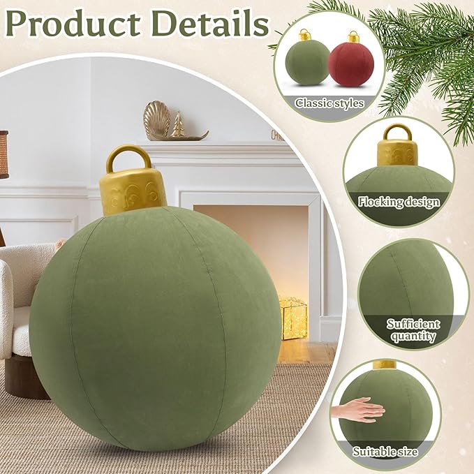 2 Pcs 24-Inch LED Velvet Inflatable Balls Christmas Decorations, Large Flocked PVC Decorations with 12 Colors & Remote, for Outdoor and Indoor Holiday Decor(Green, Brown)