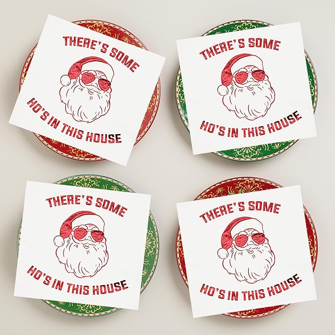 There’s Some Hos in This House Napkins, Funny Christmas Party Decorations, Christmas Xmas Holiday Party Decorations, Christmas Friendsmas Birthday Party Supplies(5 x 5 In, Red Foil, 50-Pack)