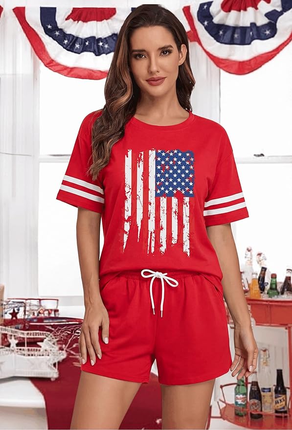 VILOVE 4th of July 2 Piece Sequin Outfits Women 250 Anniversary Usa Shirts and Short Sets Casual Patriotic Shirt Summer Set
