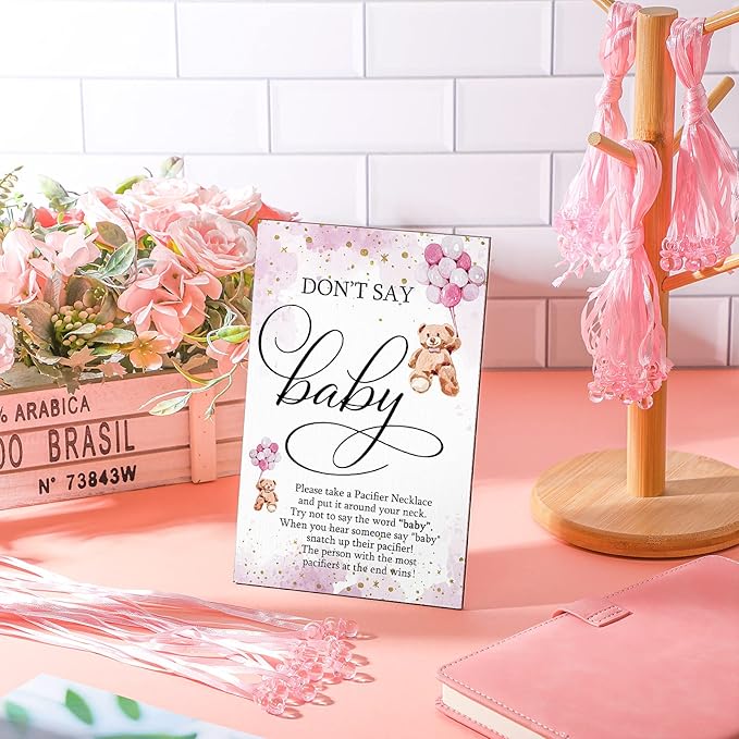 Wesiti 51 Pcs Cool Baby Shower Game Wooden Sign Gift Sets 50 Baby Shower Pacifiers Necklace Acrylic Pacifier for Gender Reveal Party Favor(Bear,Pink)