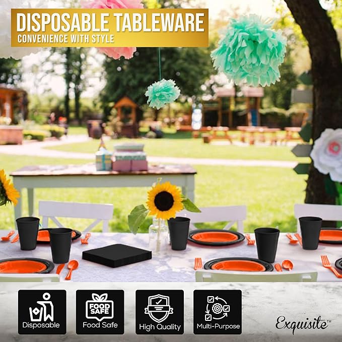 350 Pcs Orange & Black Plastic Plates For Party, Orange & Black Disposable Plates Set, 50 Of Each 9" Dinner Plate Set, 7" Dessert Plate, Cups, Napkins & Cutlery Plastic Dinnerware Set Exquisite