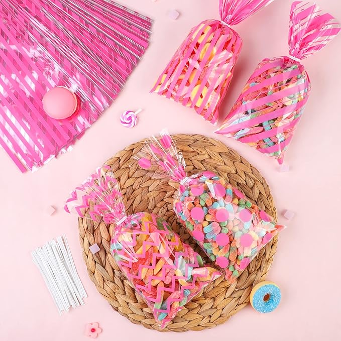 Aodaer 100 Pieces 10.6 x 5.1 In Pink Cellophane Bags Plastic Candy Bags Cellophane Treat Bag Polka Dot Stripes Printed Pattern Goodie Gift Bag with Twist Ties for Birthday, Baby Showers, Weddings Party Supplies