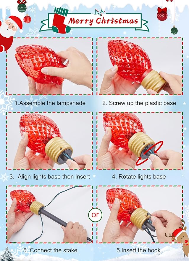 Strawberry Jumbo Lights C9 Christmas Pathway Lights Outdoor - 2 Pack 10.5 Feet 5 Lights C9 Walkway Lights, C7 Lights Covered Jumbo Multicolor Light Bulb Outdoor Decorations for Lawn Garden Outside