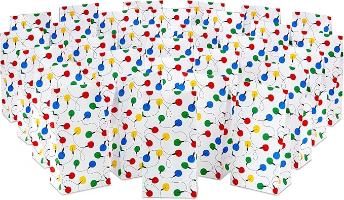 Hallmark Holiday Party Favor and Wrapped Treat Bags (30 Bags: White with Red, Yellow, Blue, Green Christmas Lights) for Christmas, Hanukkah, Classroom Parties, Teacher Gifts, Luminaries, Sack Lunches