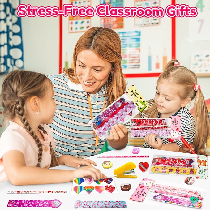 Valentines Day Gifts for Kids - 28 Pack Valentines Stationery Set with Cards, Pencils, Stickers, Erasers, Rulers and Sharpener for Girls Boys Class Exchange, Classroom Prizes and School Party Favors