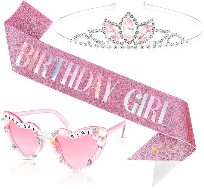 Birthday Girl Sash, Birthday Sash for Girls and Women with Birthday Glasses (Tiara,sash,glasses)