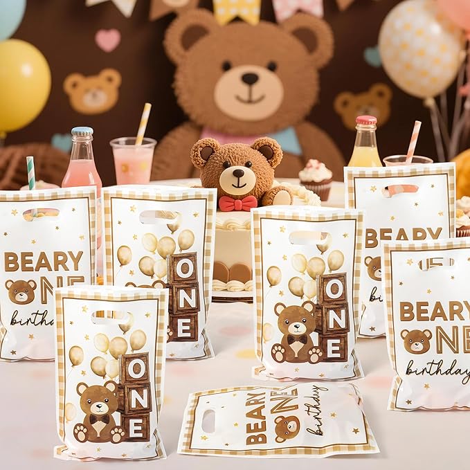 Beary First Birthday Party Favor Bag 50Pcs Brown Bear Sweet Goody Candy Treat Gift Bags Beary One My 1st Birth Day Theme Party Decorations for Kids One Year Old Birthday Supplies
