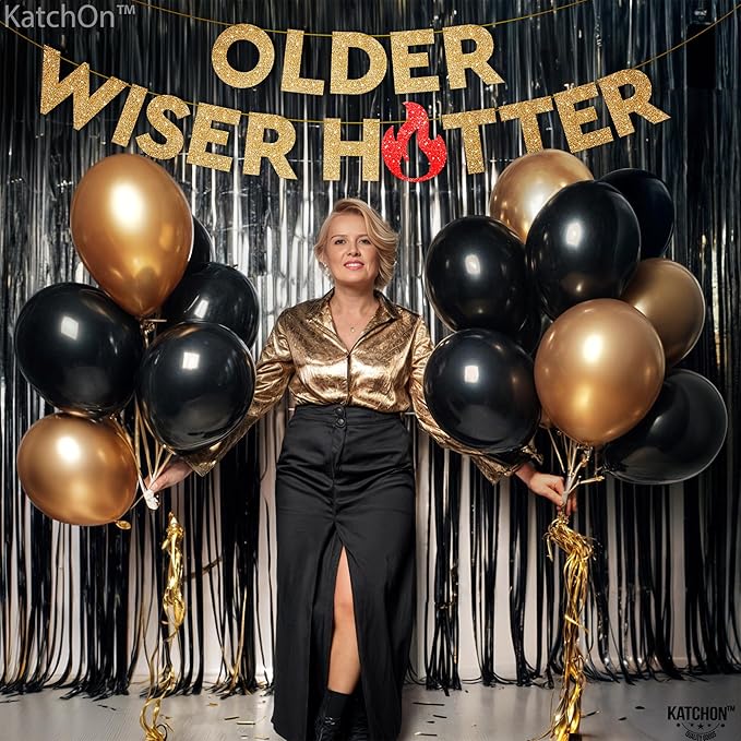 KatchOn Glitter Gold Older Wiser Hotter Banner - NO DIY | 10 Feet Funny Decorations