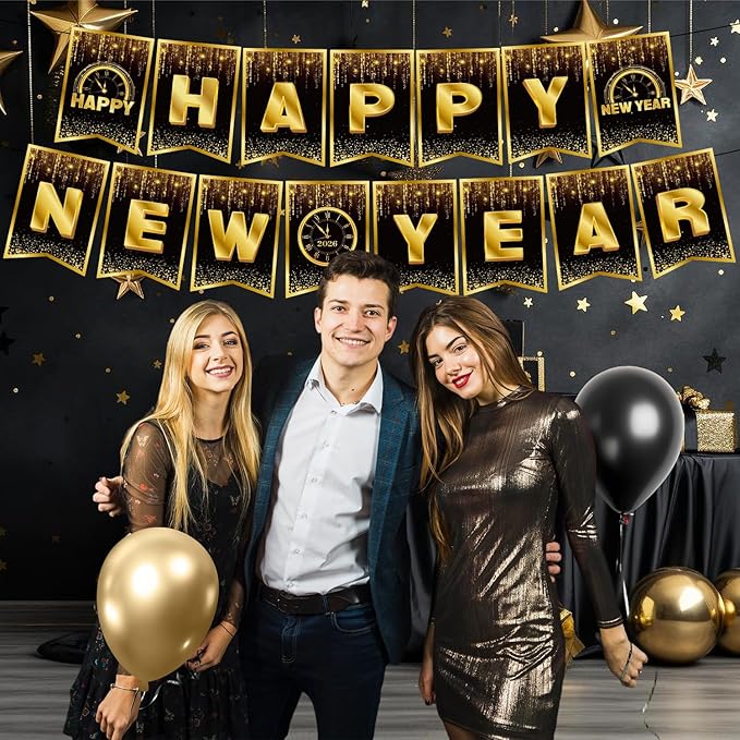 Happy New Year Decorations 2026 - Black Gold New Year Party Banner - Reusable New Years Eve Party Supplies 2026 (Style B)