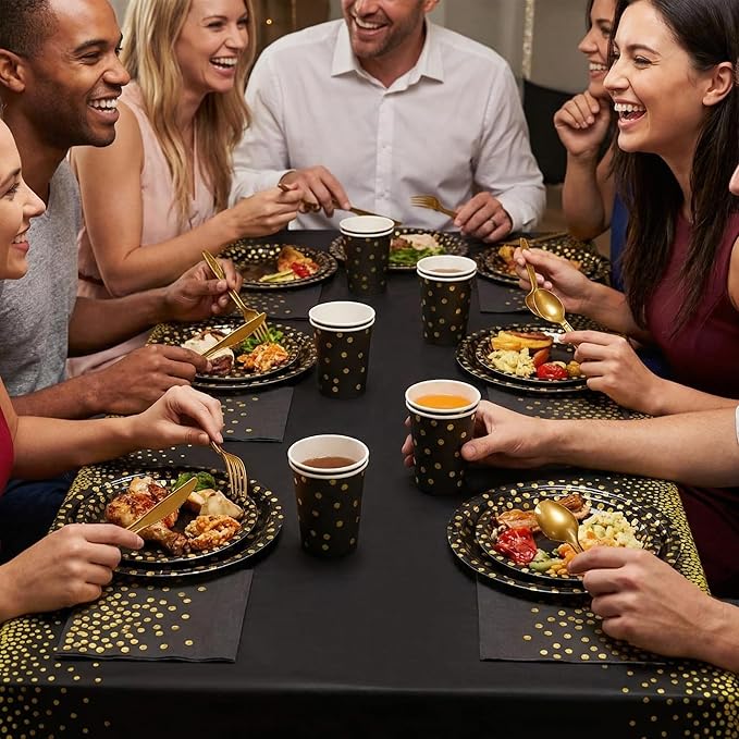 176 Pieces Gold Disposable Party Dinnerware Set &Golden Dot Disposable Party Dinnerware - Black Paper Plates Napkins Cups, Gold Plastic Forks Knives Spoons