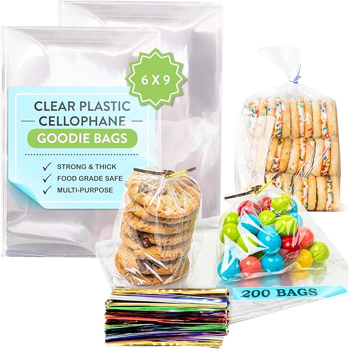 TATTI 200 Pack Clear Cellophane Bags for Favors - Transparent Goodie Bags for Birthday Party, 6x9 Inch Clear Bags with 5-Inch Twist Ties - Candy, Treat, Cookie Bags for Gift Giving