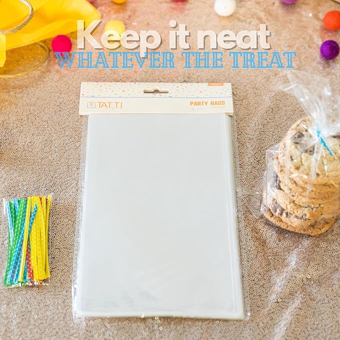 TATTI 100 Pack Clear Cellophane Bags for Favors - Transparent Goodie Bags for Birthday Party, 6x10 Inch Clear Bags with 5-Inch Twist Ties - Candy, Treat, Cookie Bags for Gift Giving