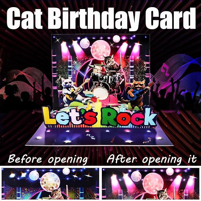 Cat Birthday Card - 3D Pop Up Funny Birthday Cards with Colourful Lights & Music, Happy Birthday Gifts Card for Kids, Boys, Girls, Men, Women, Wife