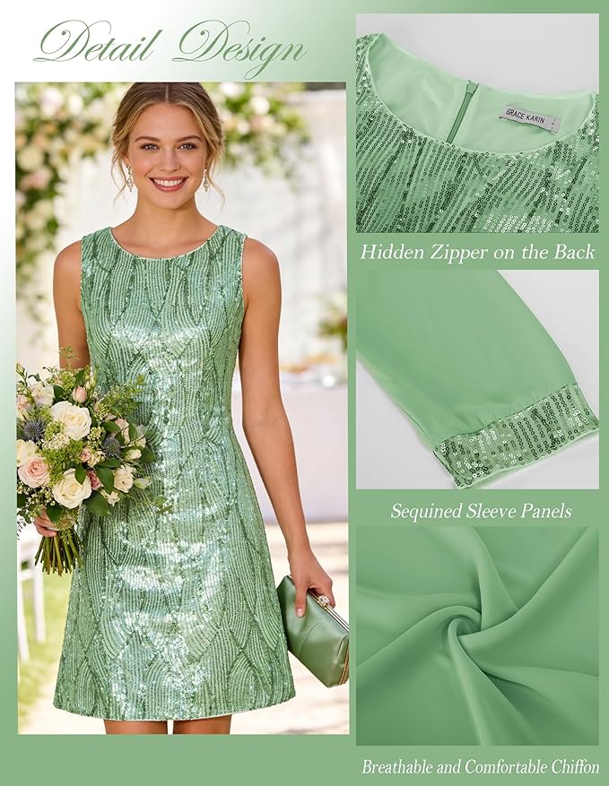 GRACE KARIN Women's Sequin Dress - Wedding Guest & Mother of The Bride Formal Dress - Two Piece Knee Length