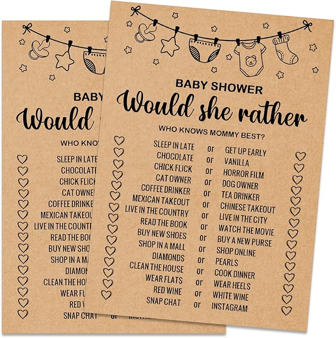 Baby Shower Game Cards, Would She Rather Baby Shower Games Ideas, Set of 30 Cards, Rustic Bridal Wedding Showers or Bachelorette Party Game, Kraft