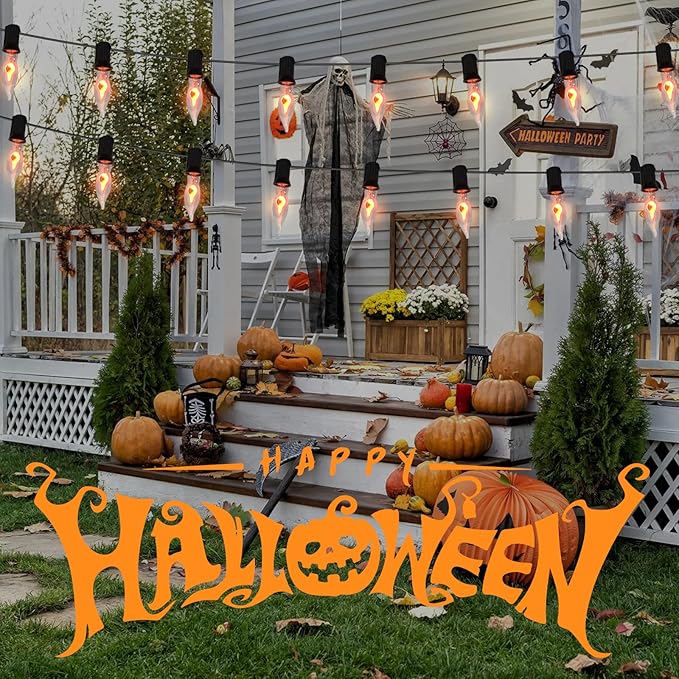 10 FT Flickering Flame Light String, C18 Halloween Decoration Light String, with 10 Clear Flame Bulbs, for Outdoor Indoor Home Halloween Christmas Decorations, E12 Base - Black Wire