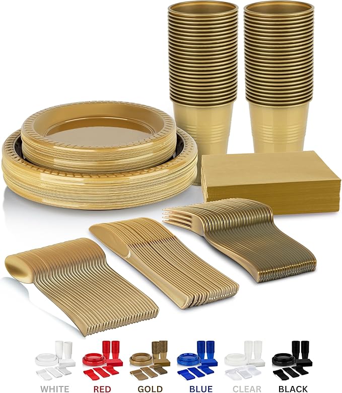 Grandipity 350 Piece Gold Disposable Dinnerware Set, Includes 50 of Each: 9" Dinner Plates, 7" Dessert Plates, 12oz Cups, Paper Napkins, Forks, Knives & Spoons