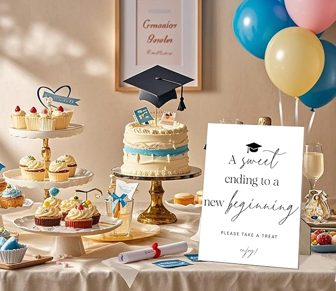 A Sweet Ending To A New Beginning Sign for Graduation, 8×11" Graduation Cap Wood Dessert Table Sign With Stand, 2025 Graduation Party Decorations Centerpieces for Tables, Congrats Grad Party Supplies