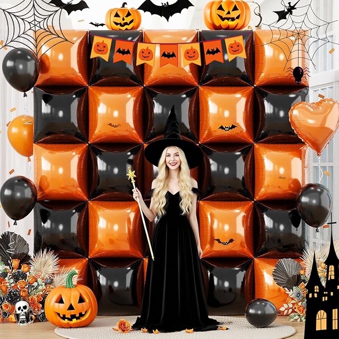 Black Orange Square Foil Balloons, 25PCS Double Sided Metallic Orange and Black Square Balloons Backdrop Wall Tunnel Arch Kit for Basketball Theme Boys Men Birthday Halloween Party Background Decor