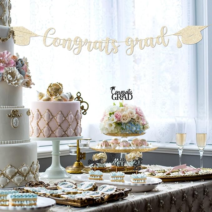 Graduation Banner - 9 ft Pre-Strung Congrats Grad Banner, Graduation Party Decorations & Decor for Elementary, 5th Grade, 8th Grade, High School, College, Congrats Grad Sign