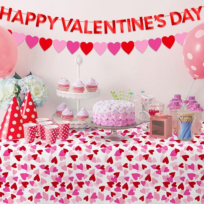 Valentine's Day Party Supplies Set for 48 Guests - Romantic Heart-Shaped Disposable Plates & Napkins with Love-Themed Plastic Tablecloth & Banner - Valentines Day Party Decorations