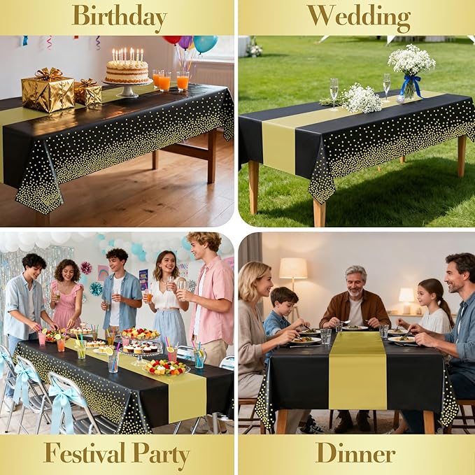12 Pack Plastic Tablecloths for Rectangle Tables, Black and Gold Waterproof Disposable Party Table Cloths, Table Covers for Decorations, Graduation, Birthday, Cocktail Party, 54" x 108"