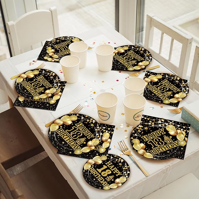 96Pcs 18th Birthday Party Tableware Set, Black Gold Time To Adult Birthday Party Decorations Supplies for Boys Girls Cheers to 18 Years Disposable Paper Plates Napkins Forks Favors, Serve 24