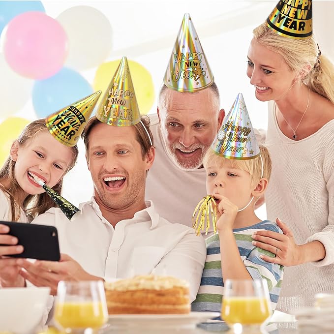 Fancy Land New Years Eve Party Supplies for 25 Guests 2026 75 Pcs NYE Party Supplies Gold Silver NYE Hats Glitter Tiaras Decorations Noise Makers Paper Masks Favors Kits