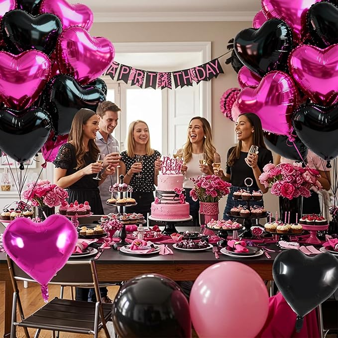 TONIFUL 30Pcs 18 Inch Black Hot Pink Balloons Black Rose Pink Heart Shape Foil Mylar Banners Decoration for Birthday Valentine's Day Wedding Bridal Shower Anniversary Engagement Party Supplies