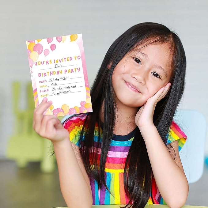 36 Kids Childrens Birthday Party Invitations with Folding Envelope Design and Holographic Stickers (Pink)