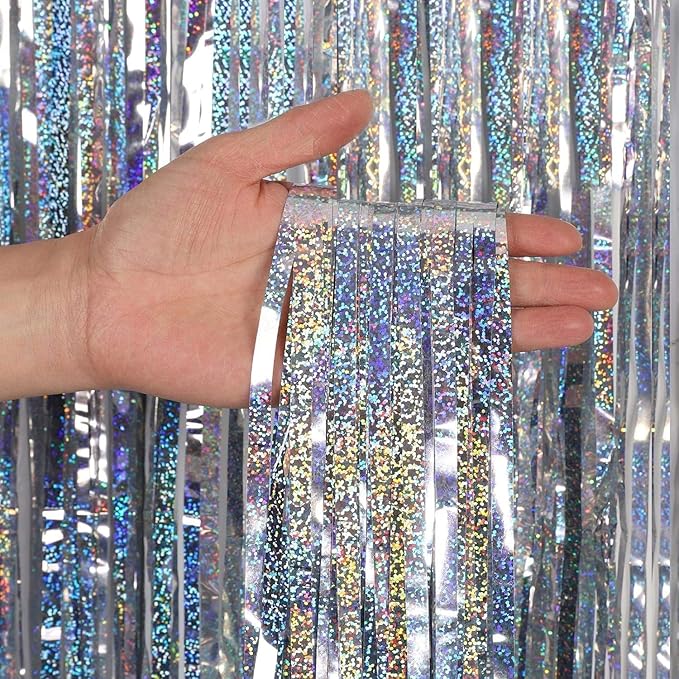 Foil Fringe Curtains - 2 Packs 3ftx8ft Sparkle Metallic Curtains Party Decorations Photo Booth Decorations Party Supplier - Sliver