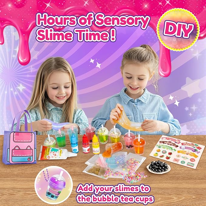 46PCS Slime Boba Tea Making Kit for Girls ages 8-12, DIY Pretend Play Food Toys, Bubble Tea Cups/Bag/Clear Slime/Add-ins, Making Miniature Food, Christmas Party Favors Gift for Kids 6 7 9 10 11