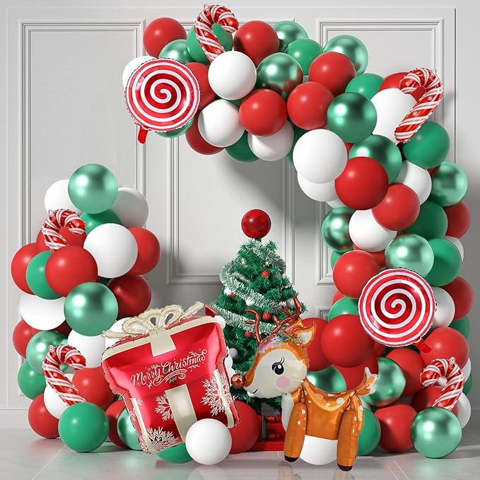 Christmas Balloons Garland Arch Kit, 85 Pcs Red Green White Balloons with Candy Elk Santa Claus Gift Box Mylar Balloons for Candy Theme Baby Shower Birthday Christmas party Decoration