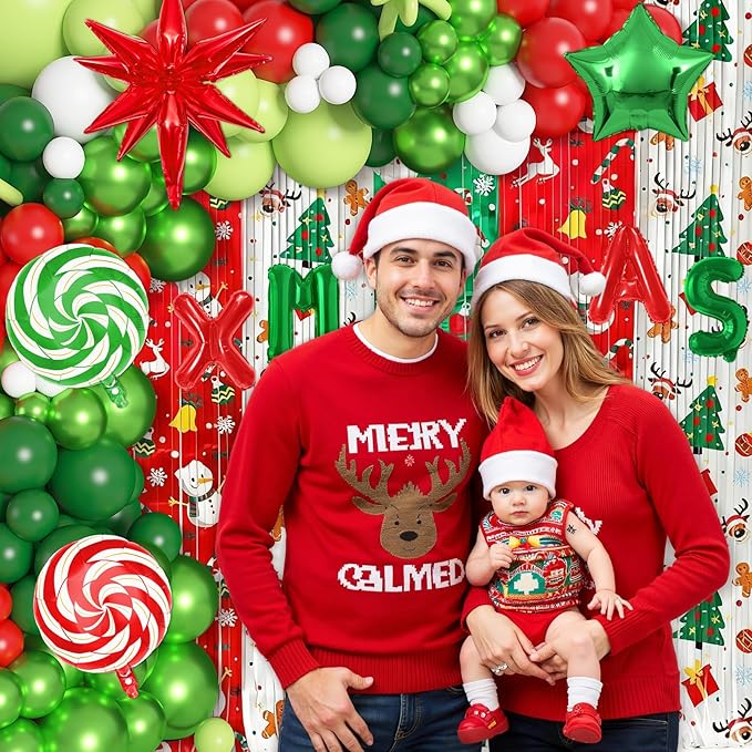 Ouddy Life 170Pcs Merry Christmas Party Decorations Set, Christmas Balloon Garland Arch Kit, Xmas Foil Fringe Curtains Faux Pampas Red Green Candy Cane Star Foil Balloons for Friends Birthday Supplies