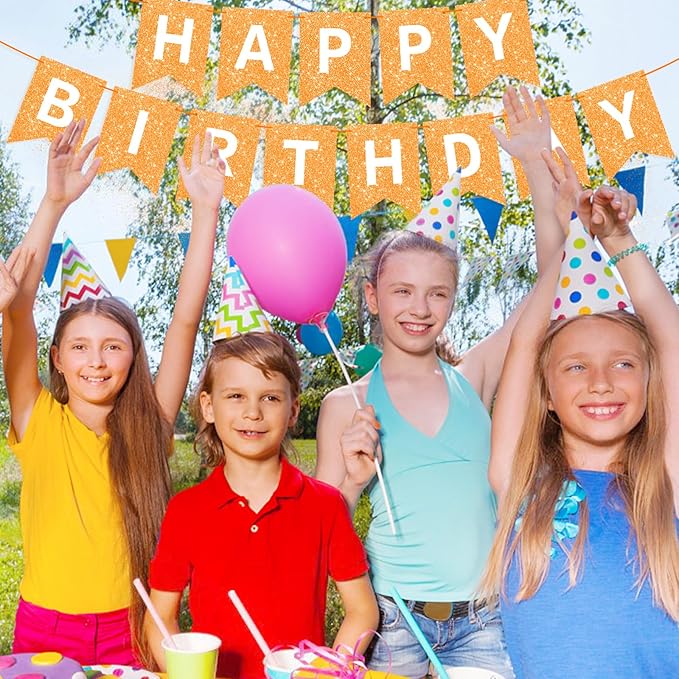 Orange Happy Birthday Banner Birthday Sign for Backdrop Happy Birthday Garland for Kids Girls Women Orange Birthday Tea Party Decorations Bunting Banner Birthday Party Supplies