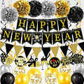 New Year‘s Eve Party Supplies 2026 -34PCS Happy New Years Decorations 2026 for 12+ Guests Includes Banner, Pom Poms, Balloons ,Triangle Flag for Nye 2026 Celebrations Premium Black Gold new years set