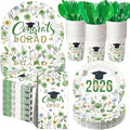 400 Pcs Class of 2026 Green Floral Graduation Decorations for 50 Guest, Green Gold Flower Graduation Paper Plates Napkins and Cups Cutlery Grad Tableware for 2026 Congrats Grad Party Supply