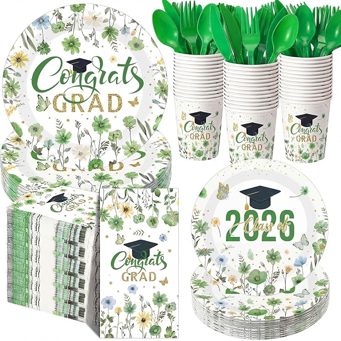 400 Pcs Class of 2026 Green Floral Graduation Decorations for 50 Guest, Green Gold Flower Graduation Paper Plates Napkins and Cups Cutlery Grad Tableware for 2026 Congrats Grad Party Supply
