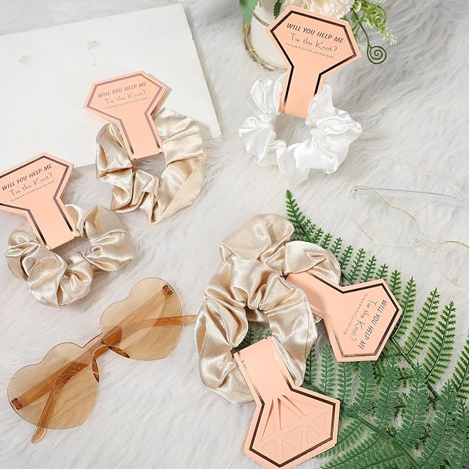 Sweetude 27 Pcs Bridesmaid Proposal Gift Bride Cosmetic Makeup Bags Bridal Hair Scrunchies Ties Heart Shape Sunglasses for Wedding Bachelorette Party Favor(Champagne, White)