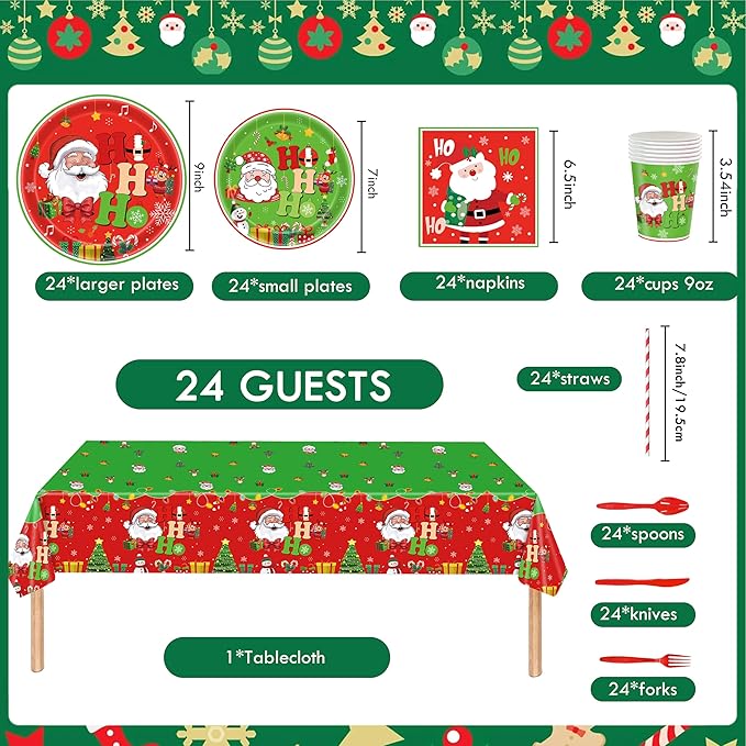 Christmas Party Decorations for 24 Guests – 193 PCS Xmas Party Supplies Set with Plates, Cups, Napkins, Cutlery, Straws & Tablecloth, Festive Tableware Kit for Home Dinner Picnic Holiday