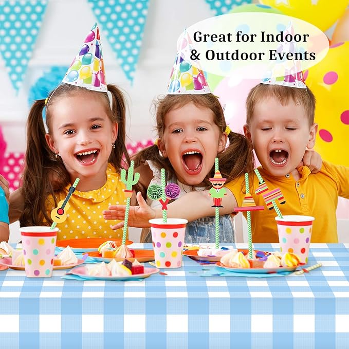 2 Pcs Light Blue Checkered Tablecloth 54 ×108 Inches Rectangle Blue Gingham Tablecloth Disposable Plastic Waterproof Table Cover for Outdoor Picnic, Kitchen, Holiday Birthday Party