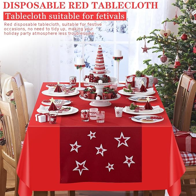 mwellewm 4 Packs Red Tablecloth, Plastic Red Table Cloth Christmas Tablecloth 54" × 72" Rectangle Disposable Tablecloths Waterproof Green Table Cover for Party Holiday & Gathering Use