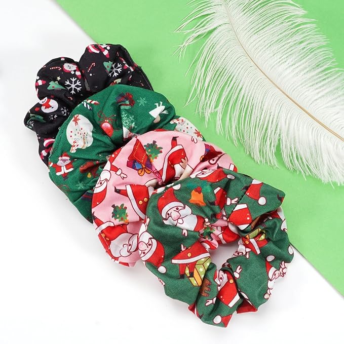 Christmas Hair Scrunchies for Women Cute Elastic Scrunchy Ponytail Holder Hair Ties Green Pink Santa Claus Snowman Bell Christmas Hat Snowflake Xmas Hair Accessories Christams Gifts 4PCS